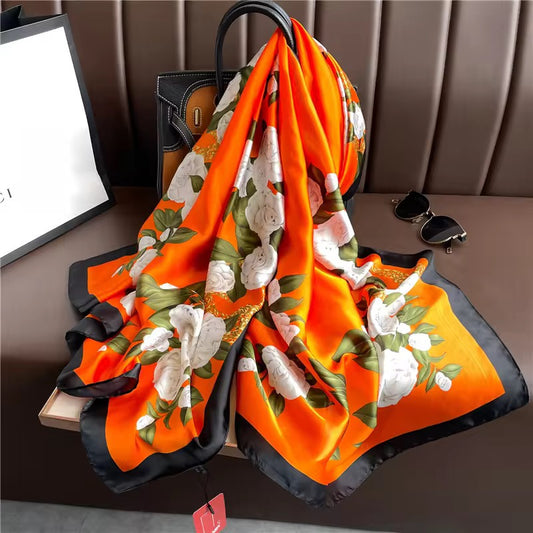 Orange Flower print Premium Silk