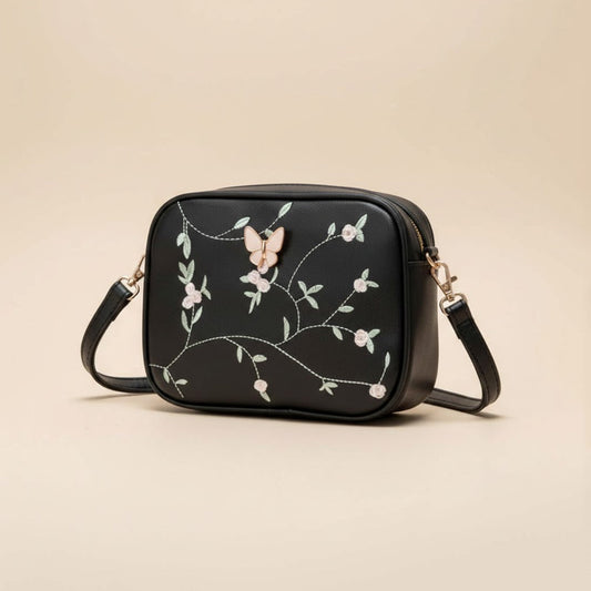 Floral Embroidered Crossbody Bag with Butterfly Charm Black