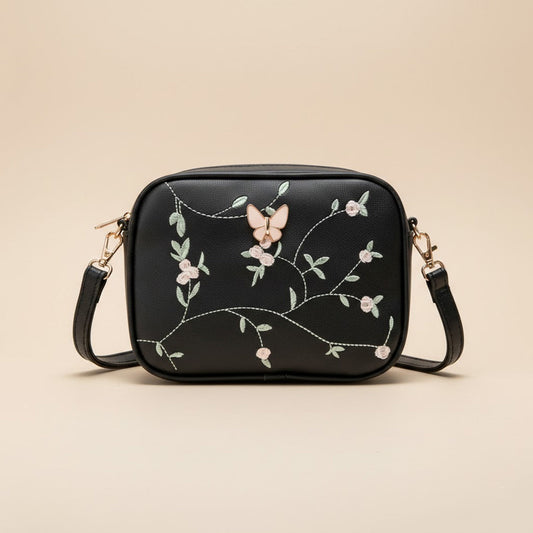 Floral Embroidered Crossbody Bag with Butterfly Charm Black