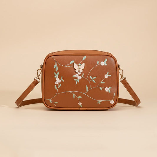 Floral Embroidered Crossbody Bag with Butterfly Charm Brown