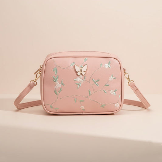 Floral Embroidered Crossbody Bag with Butterfly Charm Pink