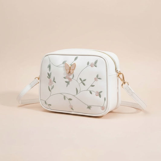 Floral Embroidered Crossbody Bag with Butterfly Charm White