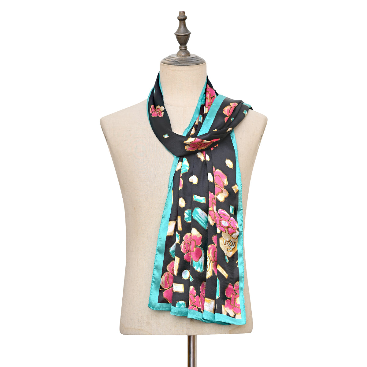 Black flower print silk scarf