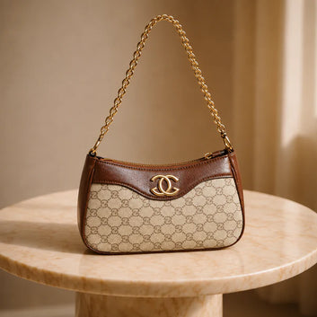 Elegant Monogram Chain Shoulder Bag – Beige & Brown