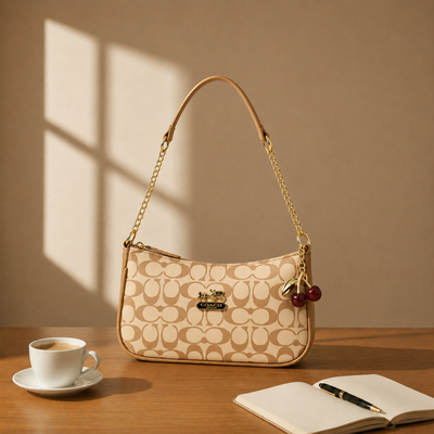 Elegant Coach Beige Monogram Bag with Cherry Charms