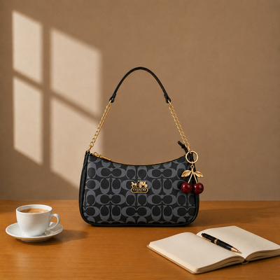 Elegant Coach Black Monogram Bag with Cherry Charms